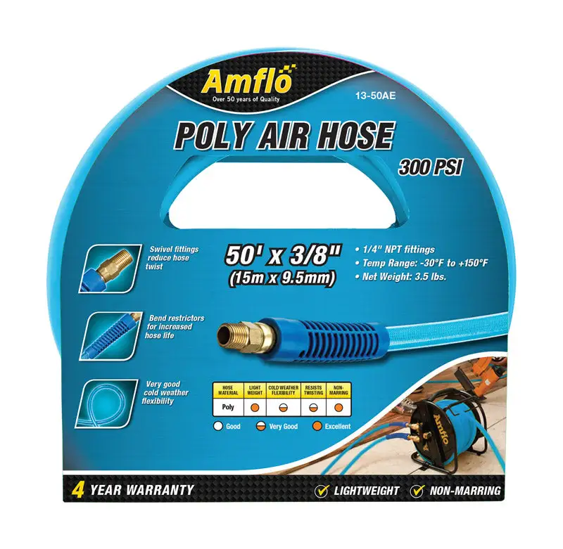 Amflo 50 ft Polyurethane Air Hose 3/8 Inch 300 psi Blue Air Tools