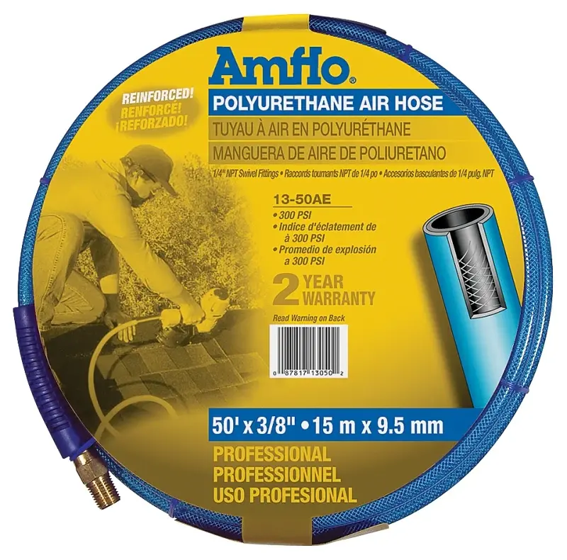 Amflo 13-50AE Air Hose, 3/8 OD, 50 ft L, MNPT, 300 psi Pressure, Polyurethane, Navy