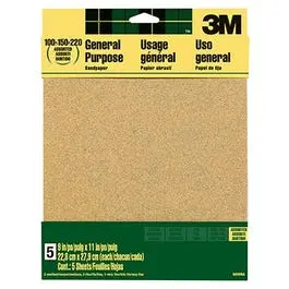 220-Grit Aluminum Oxide Sandpaper 9 x 11-Inch 5-Pack Wood and Metal 3M