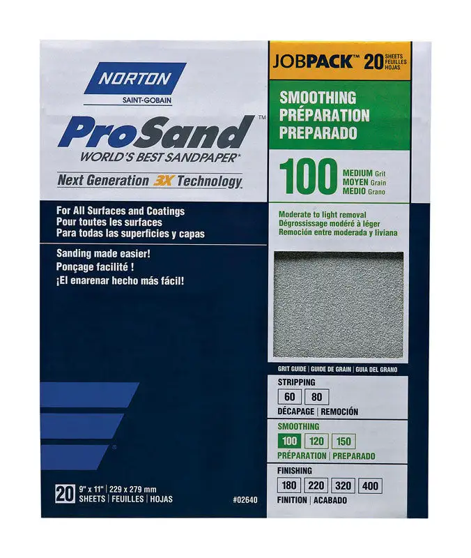 Norton ProSand 11x9 Inch 100 Grit Aluminum Oxide Sandpaper 20 Sheets Pack 20