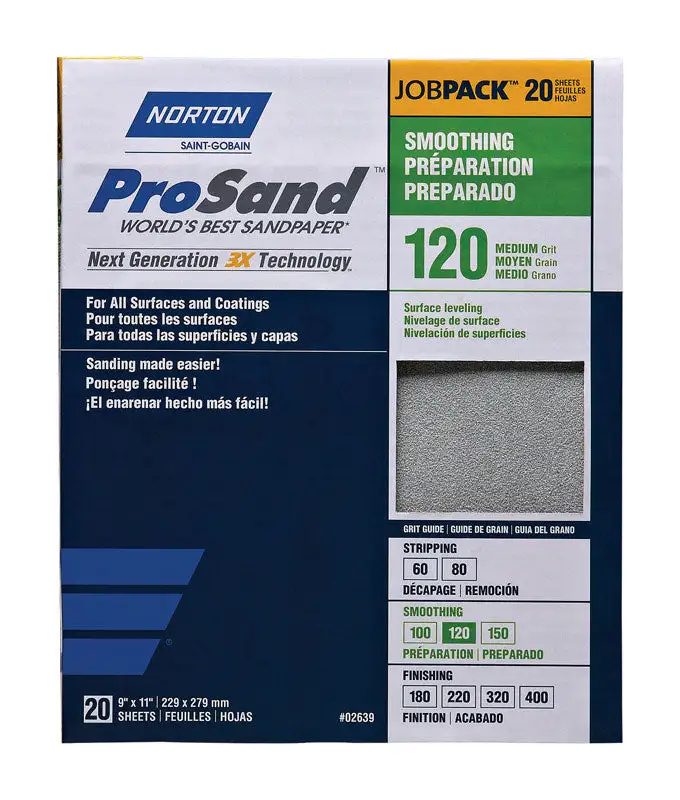 Norton ProSand 11x9 Inch 120 Grit Aluminum Oxide Sandpaper 20 Pack