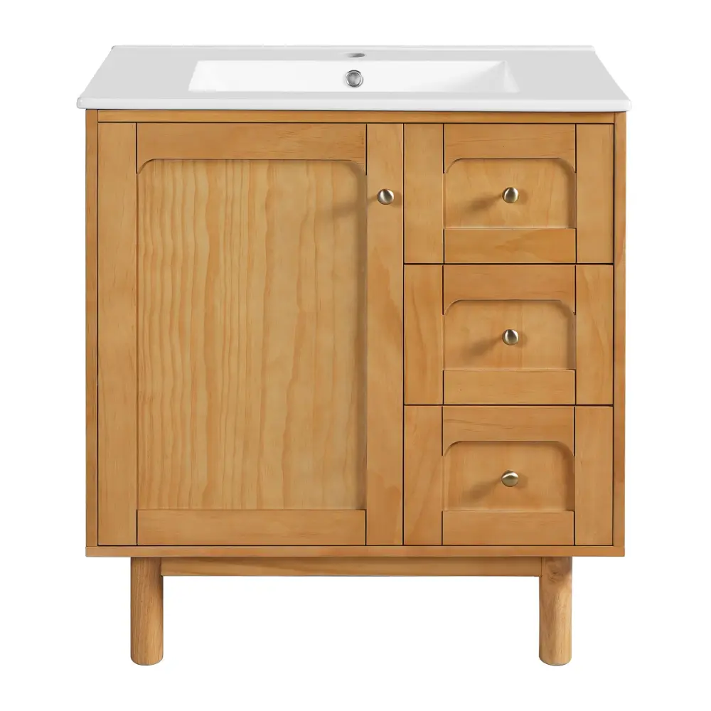 Bathroom Vanity Sink, 3 Drawers, Gentle Close Door - Natural Wood