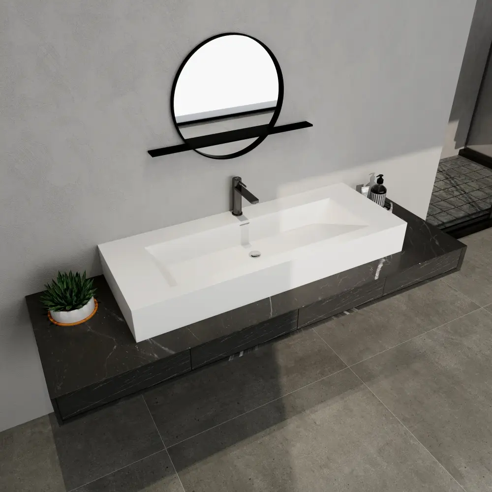SJ-STARJANE 48 x 18 . Solid Surface Wall Mount or Countertop Bathroom Vessel Sink Single Faucet Holes Non-glossy White