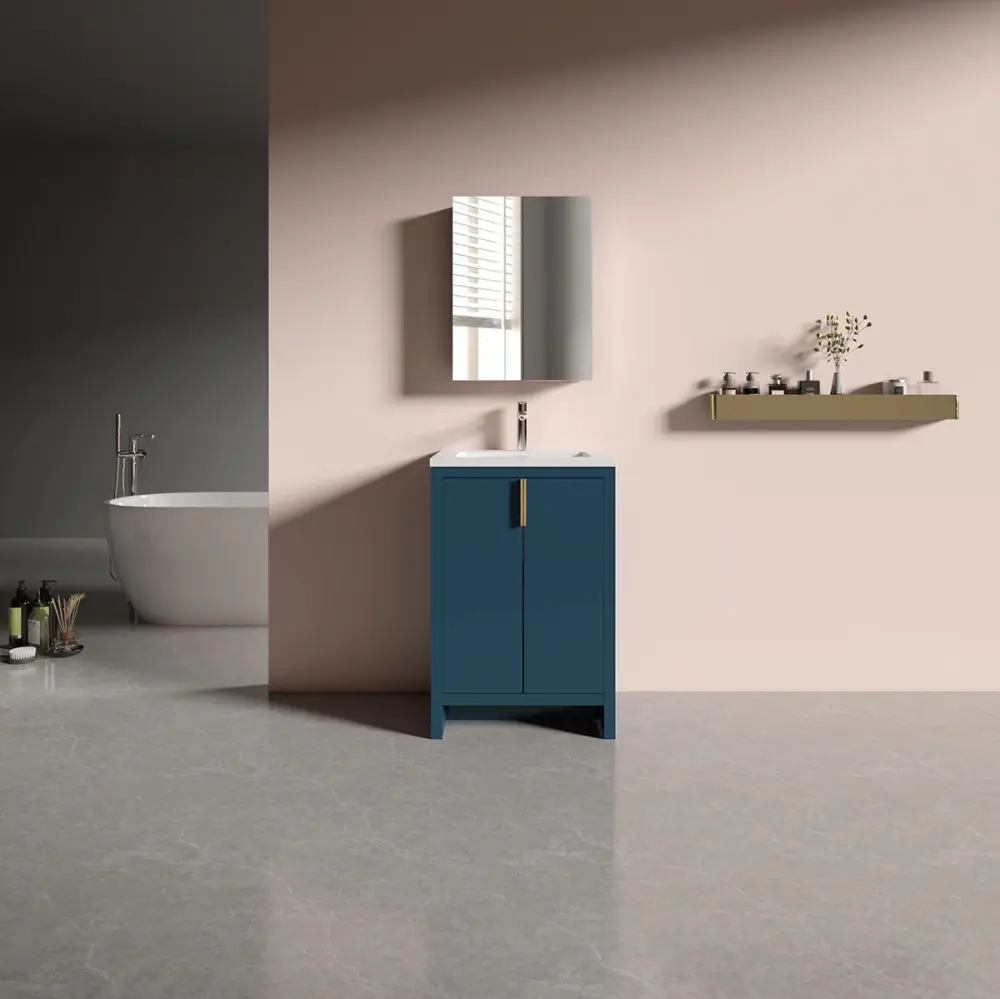 24" Freestanding Single Bathroom Vanity Blue Snow Quartz Integrated Sink LV14-24B