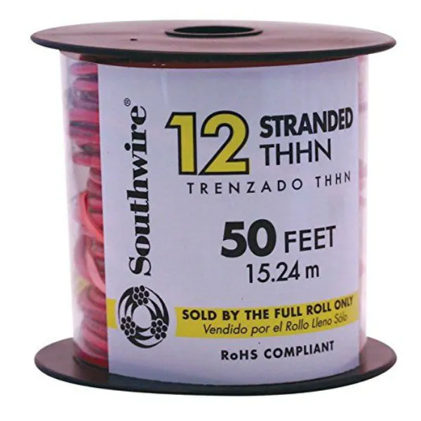 Southwire 22966651 Type THHN Nylon Jacketed 12 Stranded Building Wire Red 50' Electrical