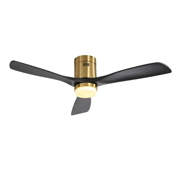 Flush Mount Ceiling Fan 3 Solid Wood Blades Remote Control Reversible DC Motor Living Room - Gold