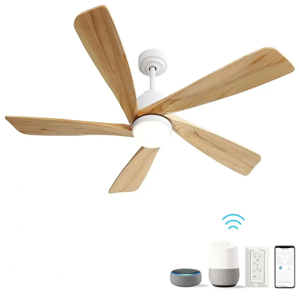 Indoor Ceiling Fan Dimmable LED Light 5 Solid Wood Blades Remote Control Flip-over DC Motor Smart App Control
