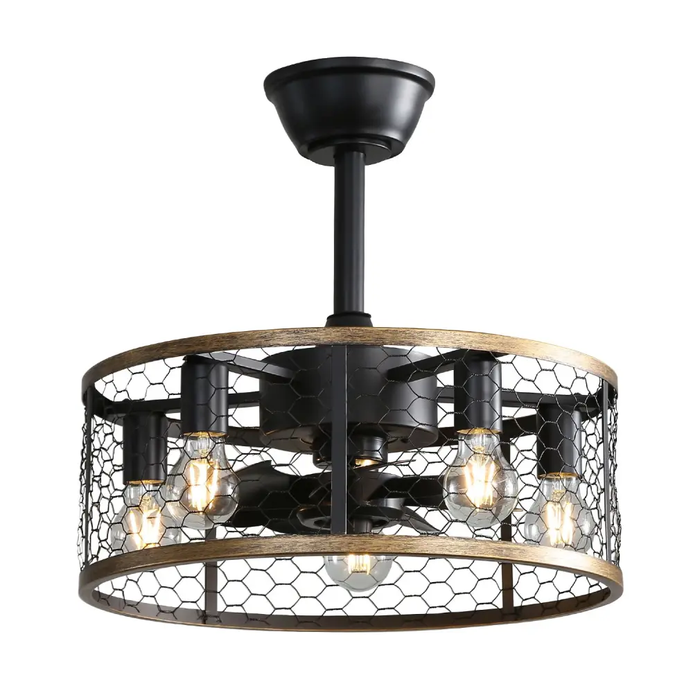 20" Industrial Caged Ceiling Fan 7 - ABS Blades Remote Control, Small Ceiling Fan Double-sided DC Motor - Black