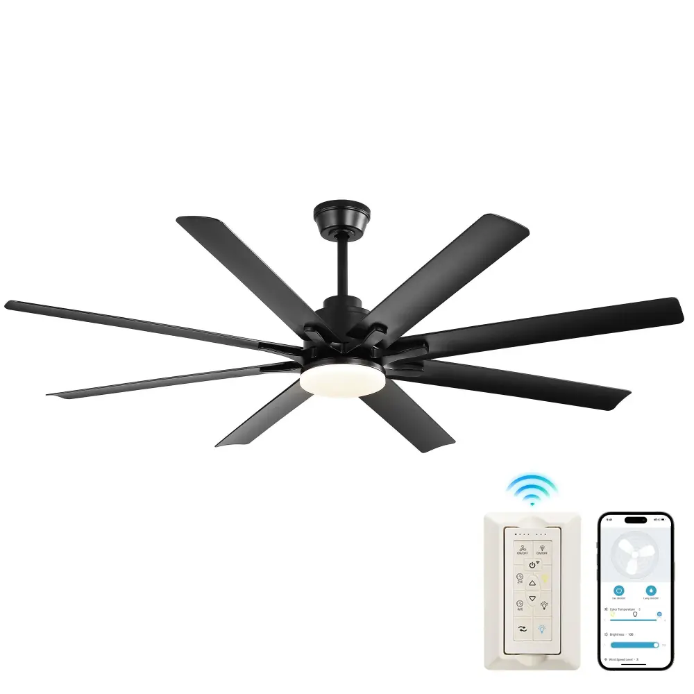 Smart Ceiling Fan 8 Blades, Voice Remote Control, 6 Wind Speeds, Reversible DC Motor, 3 Color Lighting - Black