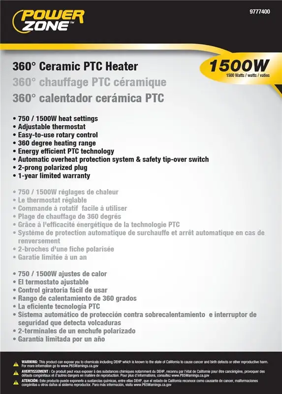 Power Zone PTC-156 Ceramic PTC Heater 1500W