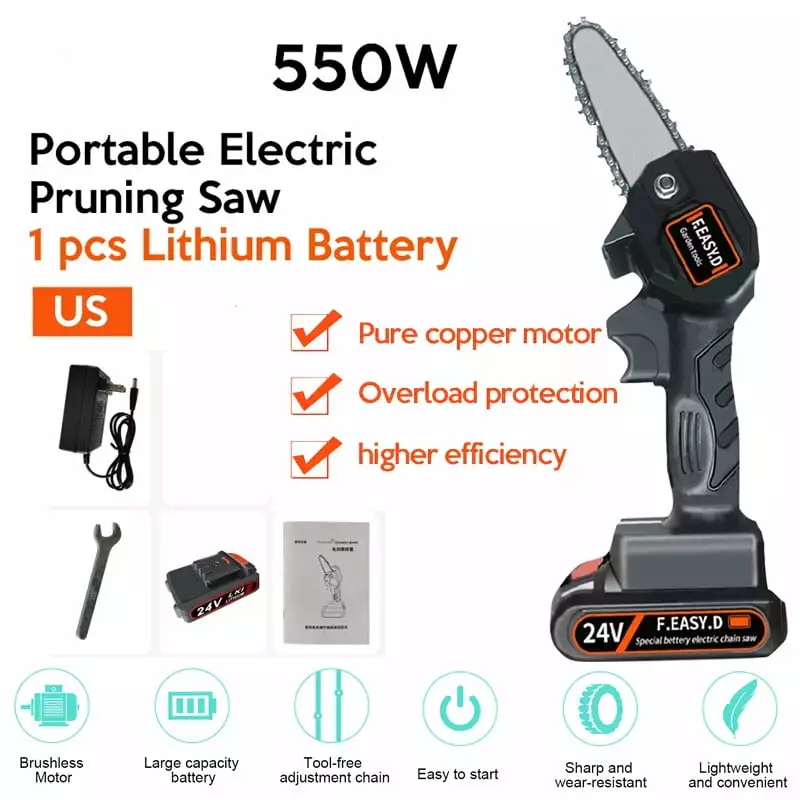 Rechargeable Cordless Chain Saws. Travel-friendly 24V Electric Pruning Shears Chainsaw Wood Cutting Selection