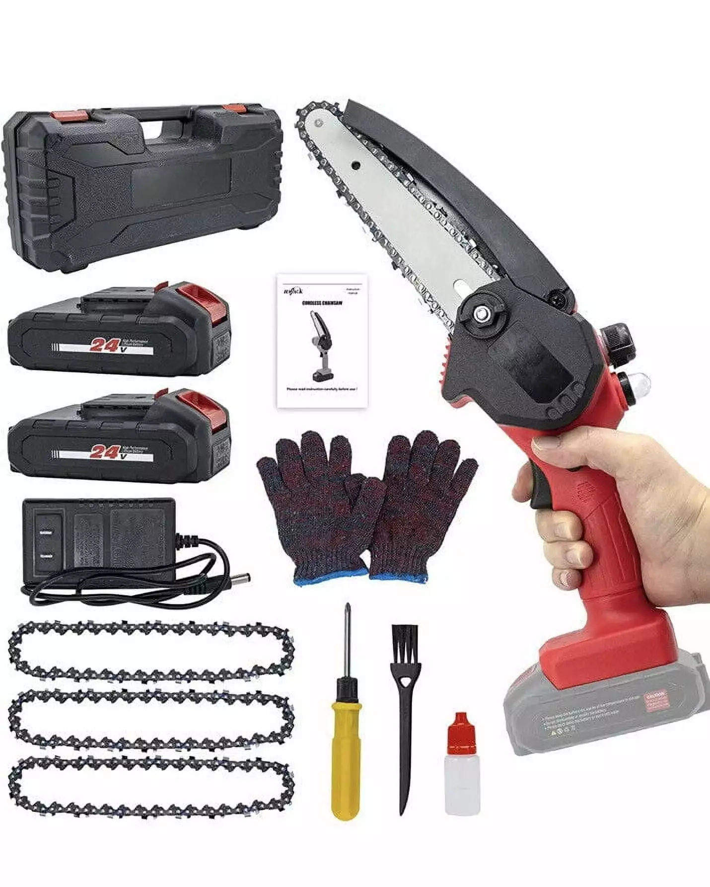 Open Box HAJACK Mini Chainsaw 6. 2 Battery Kit - RED/BLACK