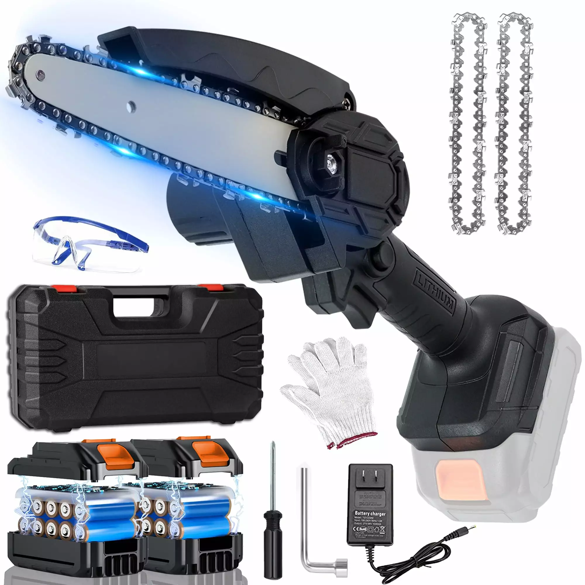 HDJ 6 inch Cordless Mini Chainsaw 2PCS Batteries.Electric Chainsaw Travel-friendly One-Hand Wood Cutting Tree Branch Trimming