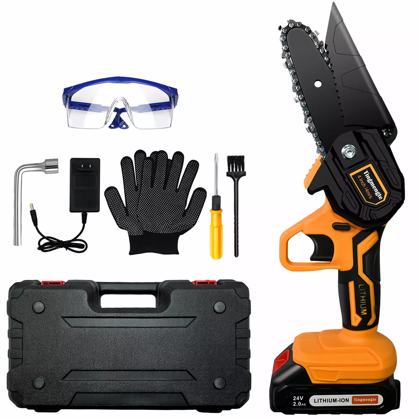 Tingmengte 4 Mini Chainsaw Batteries Chains Glove Set. 4-Inch Cordless Handheld Chain Saw Wood Cutter