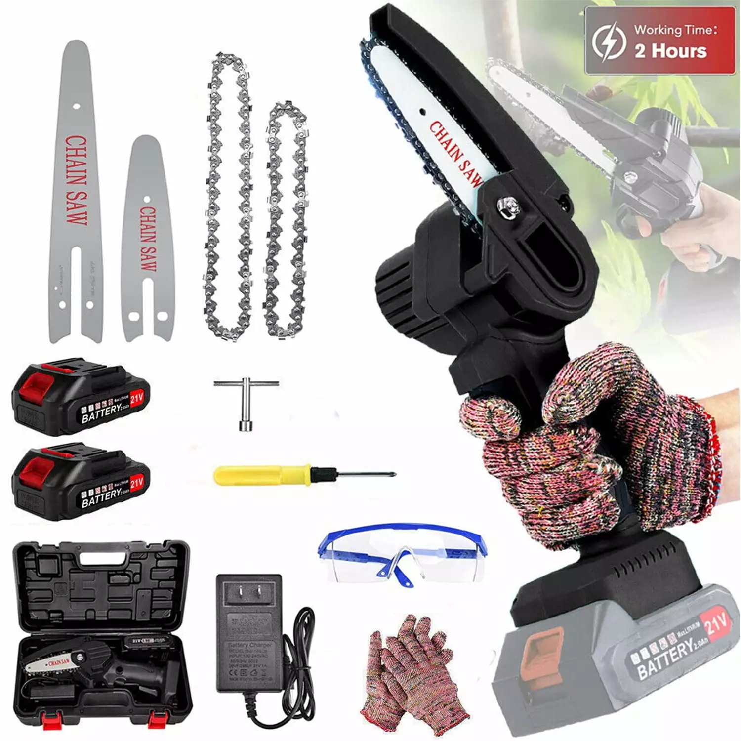 Battery Powered Mini Chainsaw 2pcs Rechargeable 21V Battery. Featherweight Small Chainsaw Set both 4 and 6 Chains TUTIUM