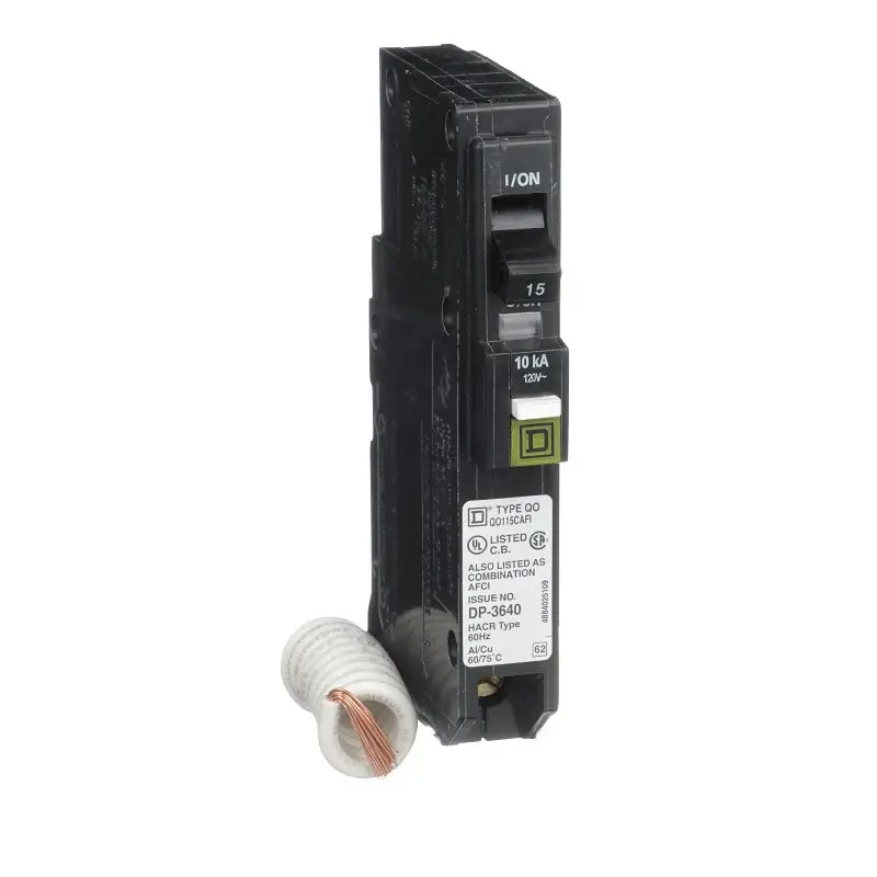 Square D QO QO115CAFIC Circuit Breaker, AFCI, 15 , 1 -Pole, 120 V, Fixed Trip, Plug Mounting