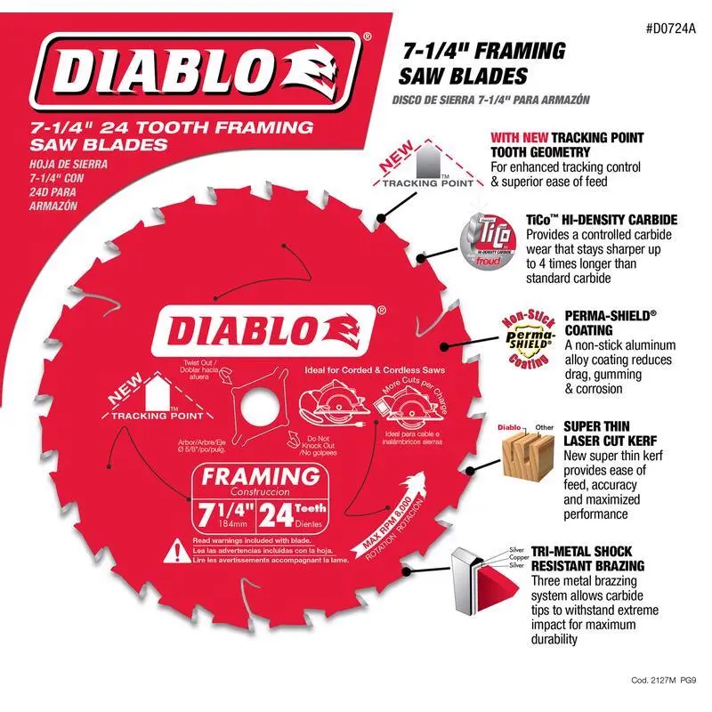 Diablo 7-1/4 . Dia. x 5/8 . Carbide Tip Titanium Framing Blade 24 Teeth Pack 10