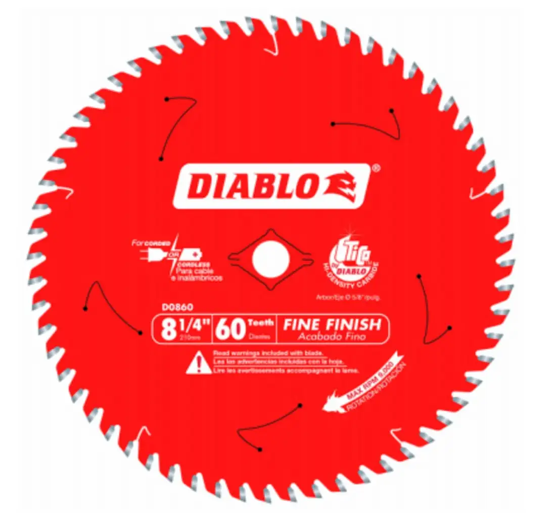 Diablo D0860X Fine Finish Saw Blade 8-1/4 Inch x 60 Tooth Smooth Cuts