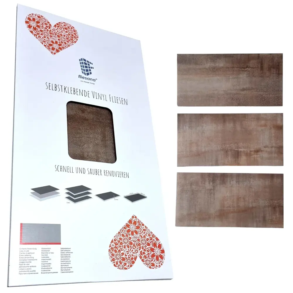 Self-adhesive tiles wall floor Fliesana, set 3 pieces, waterproof, untreated stone pattern, rust color