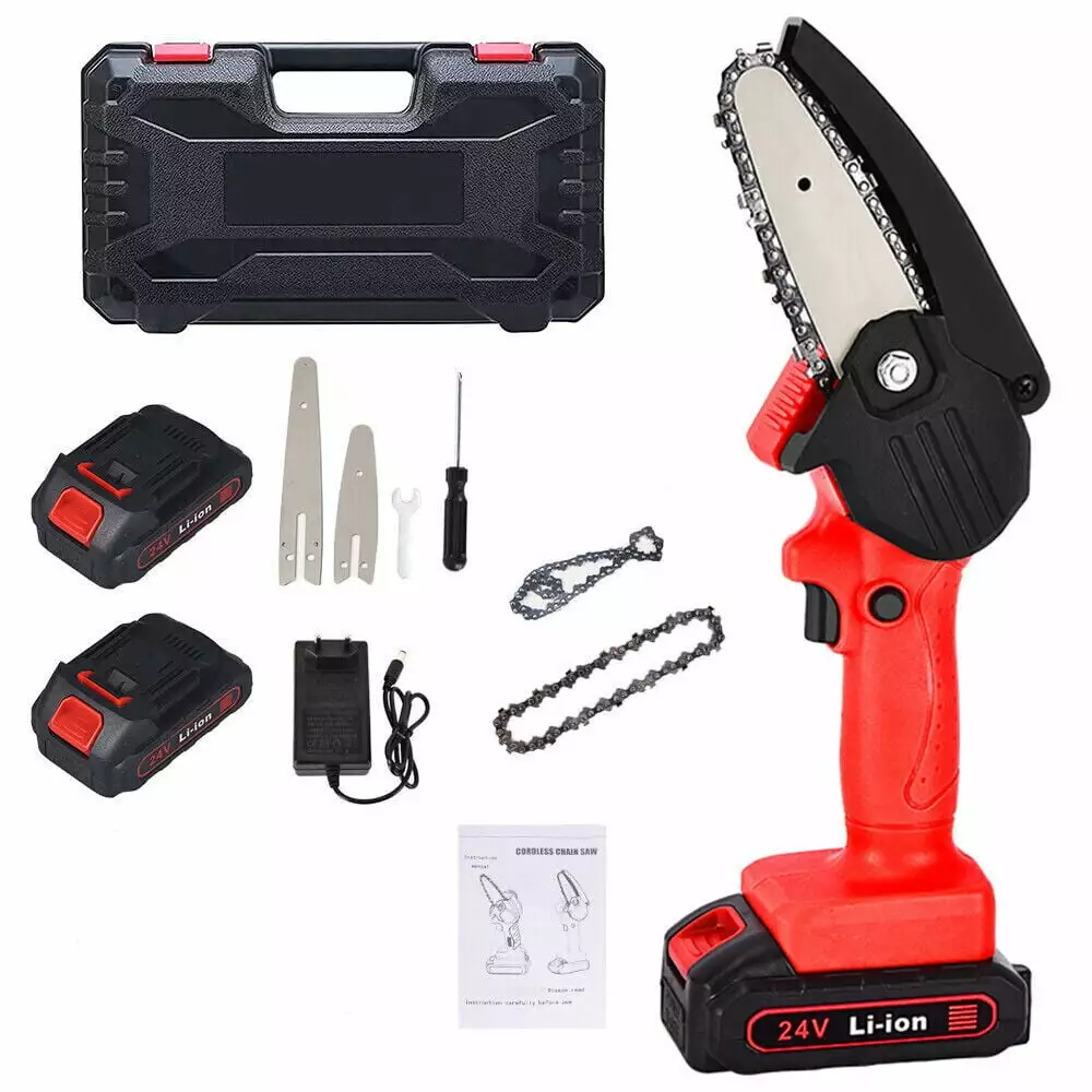 kydely Mini Chainsaw Cordless 4Inch 6Inch Electric Chain Saw 24V 550W Battery Power(Red)