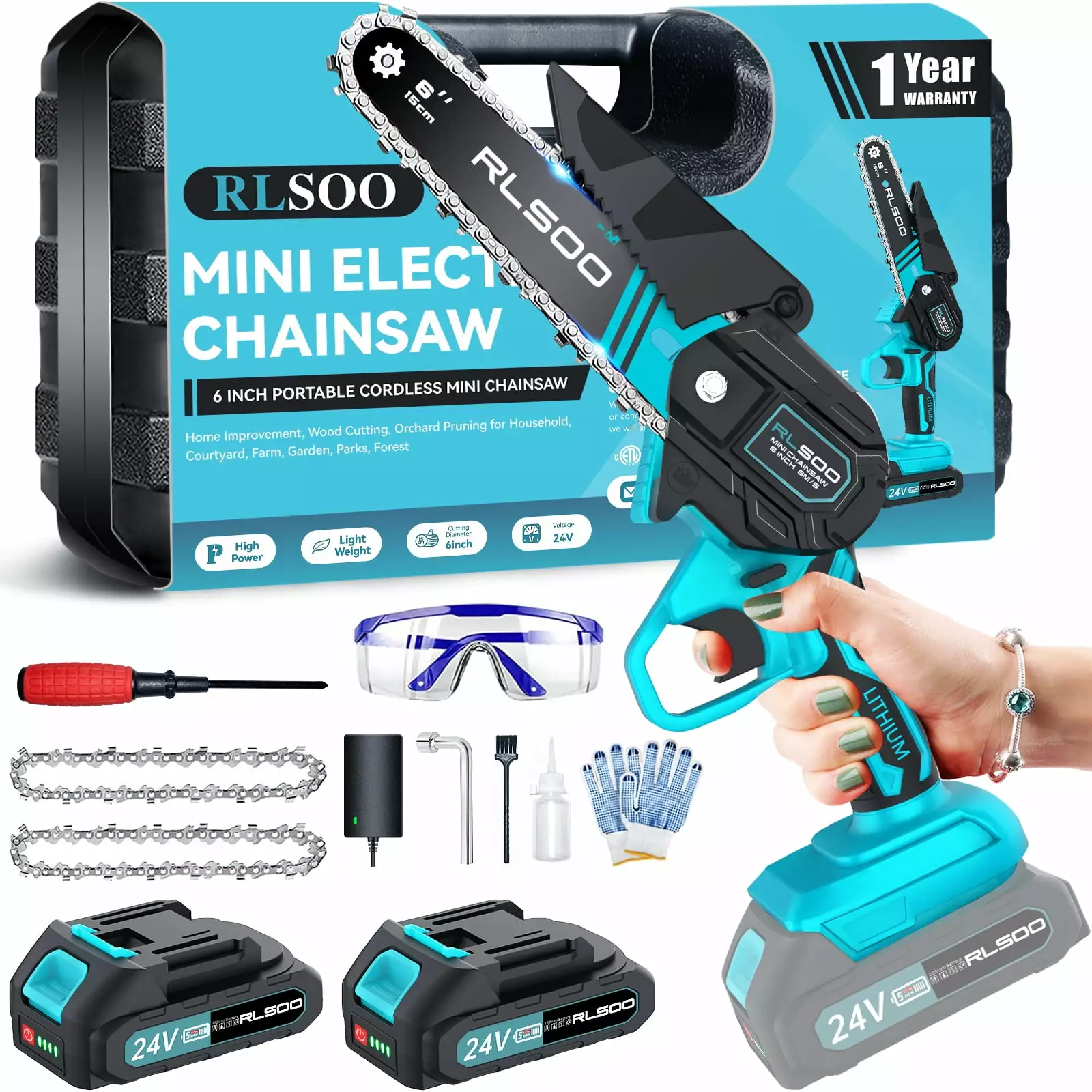RLSOO Mini Chainsaw 6 Inch Cordless. Battery Powered Electric Chainsaw 2 Batteries and 3 Chains. Mini Chain Saw Tree Trimm...