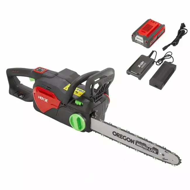 16 . 40V Brushless Cordless Chain Saw Charger & Battery. Red & Green Balcony Beyond