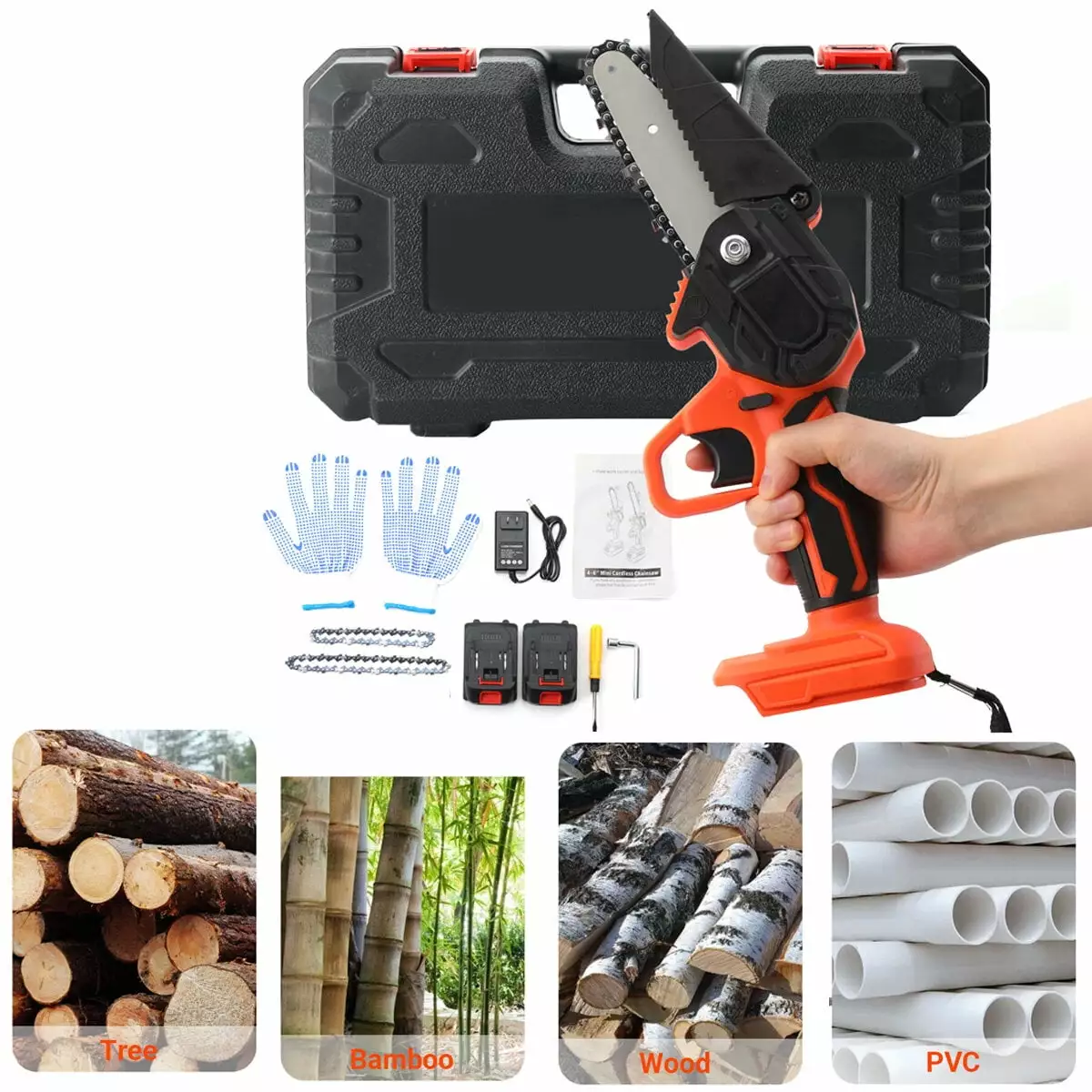 SUDEG Mini Chainsaw - 6 Inch 4 Inch Electric Chainsaw Cordless 2--1 Hand Held Chainsaw 2 Rechargeable Battery Powered Chai...