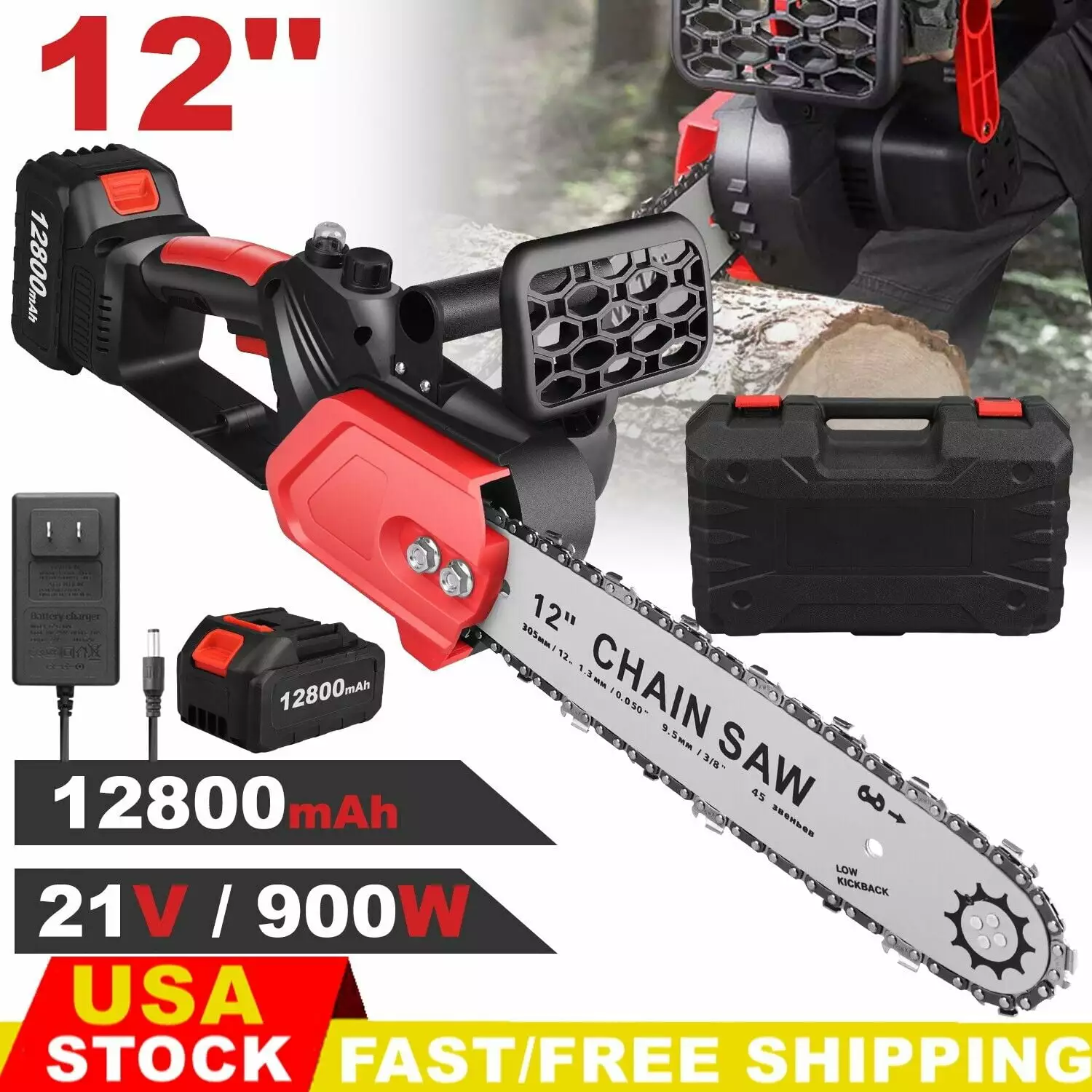 12in Cordless Electric Chainsaw Handheld Chain Saw Wood Cutter+128000mAh Battery UN BRAND