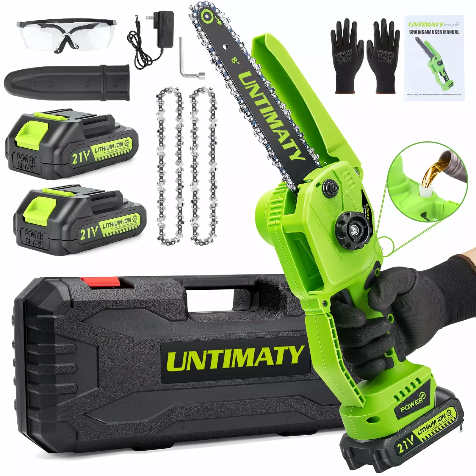 UNTIMATY Mini Chainsaw. 8inch Cordless Chainsaw. Brushless Electric Pruning Chain Saw Oiler System. 2PCS Rechargeable Batt...
