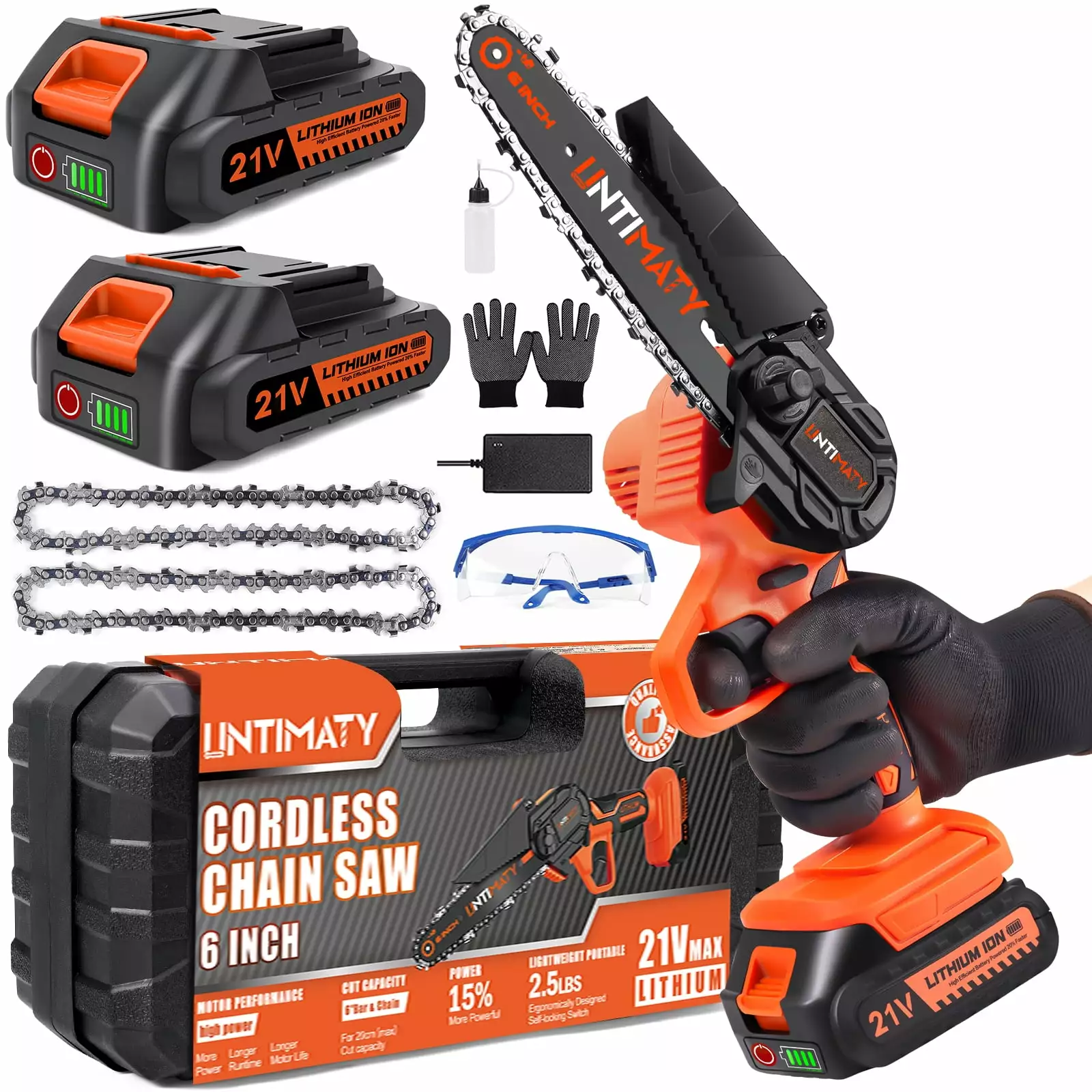 UNTIMATY 6 Mini Chainsaw 2 Batteries 2 Chains. 6-Inch Cordless Handheld Chain Saw Wood Cutting Tree Trimming