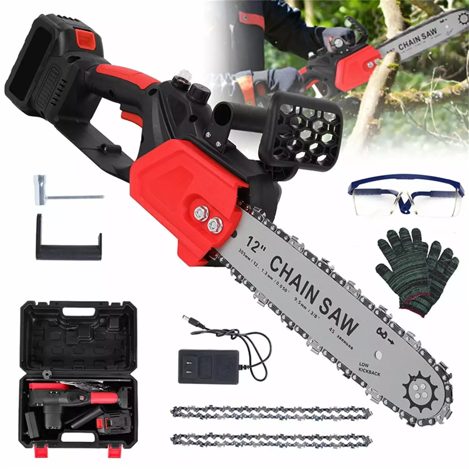 WUKETIN 12 Cordless Chainsaw. Handheld Chain Saw 12-inch 2*3.0Ah Battery. Tool Box and Charger Trees Wood Cutting