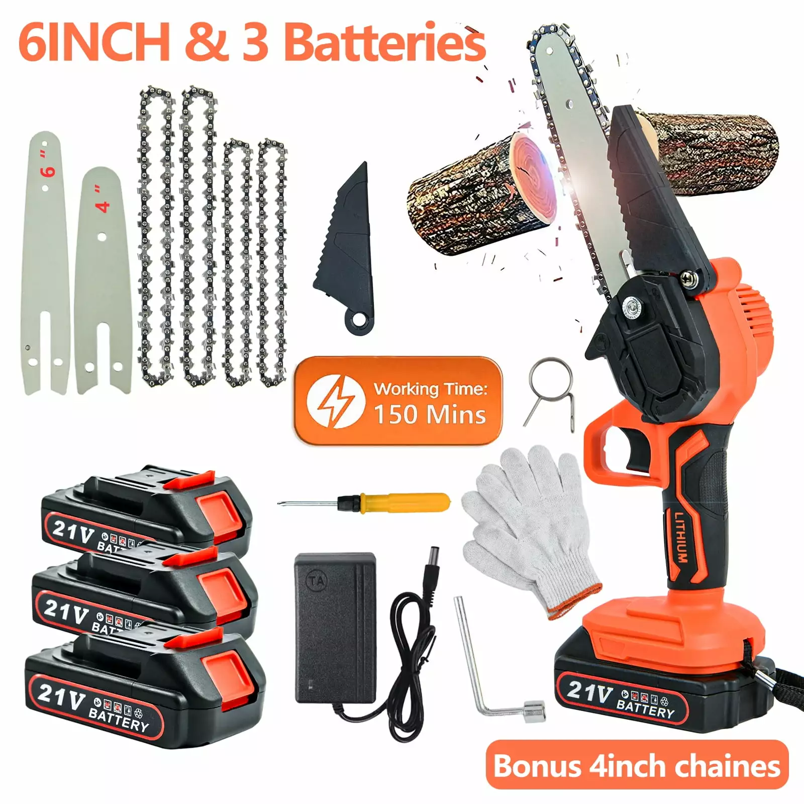 Ziss 4-Inch+6-Inch Mini Chainsaw Kit 3 Rechargeable Batteries. Travel-friendly Electric Cordless Handheld Chain Saw Tree B...