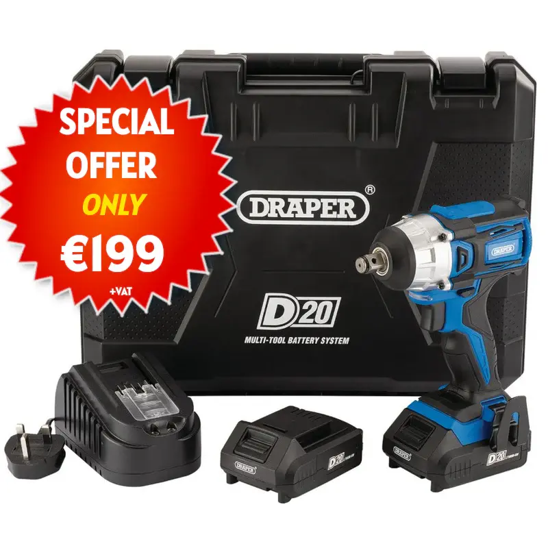 Anti-Vibration Draper D20 20V Brushless Impact Wrench, 1/2" Sq. Dr., 250Nm, 2 x 2.0Ah Batteries, 1 x Charger