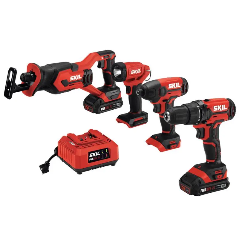 SKIL 20V PWR CORE Cordless Brushed 4 Tool Combo Kit Drill, Circular Saw, Reciprocating Saw, and Work Light