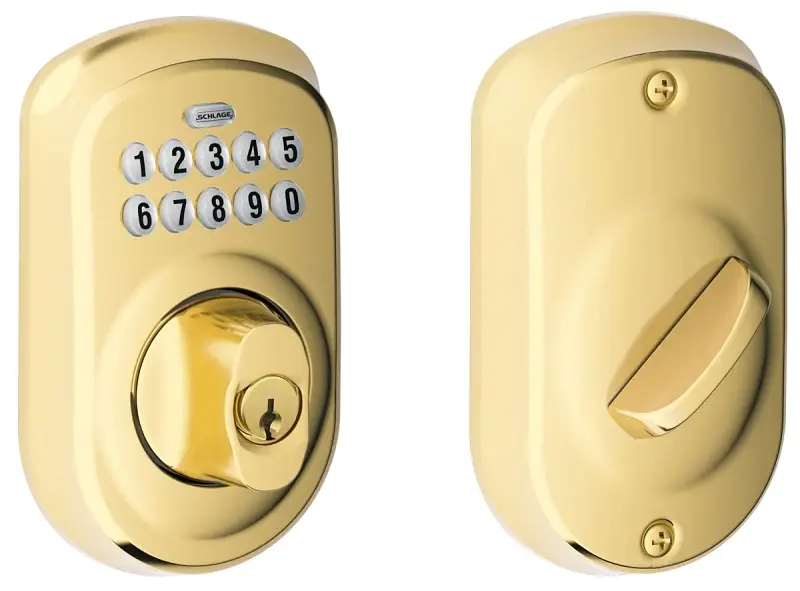 Schlage BE365 PLY 505 Electronic Deadbolt, Bright Brass, Residential, 1 Grade, Alloy, Thumbturn Interior Handle