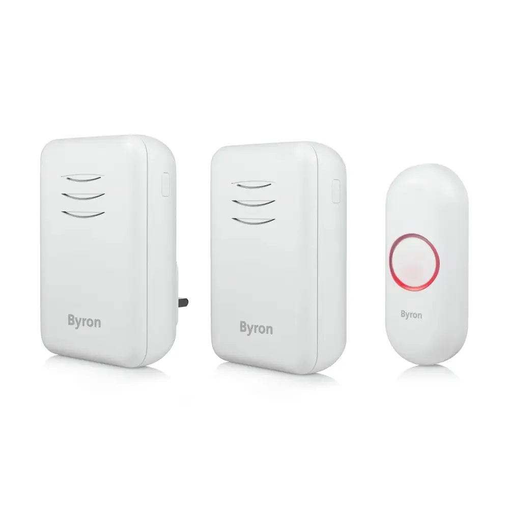 LED Illuminated Byron DBY-22314UK Wireless Doorbell Set, Twin Pack, Battery Travel-friendly and Plug , 150 m Range, 16 Mel...