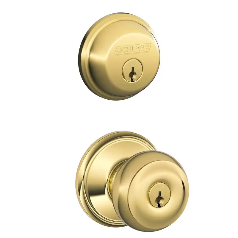 Schlage Georgian Bright Brass Deadbolt and Entry Door Knob 1-3/4 Inch Backset