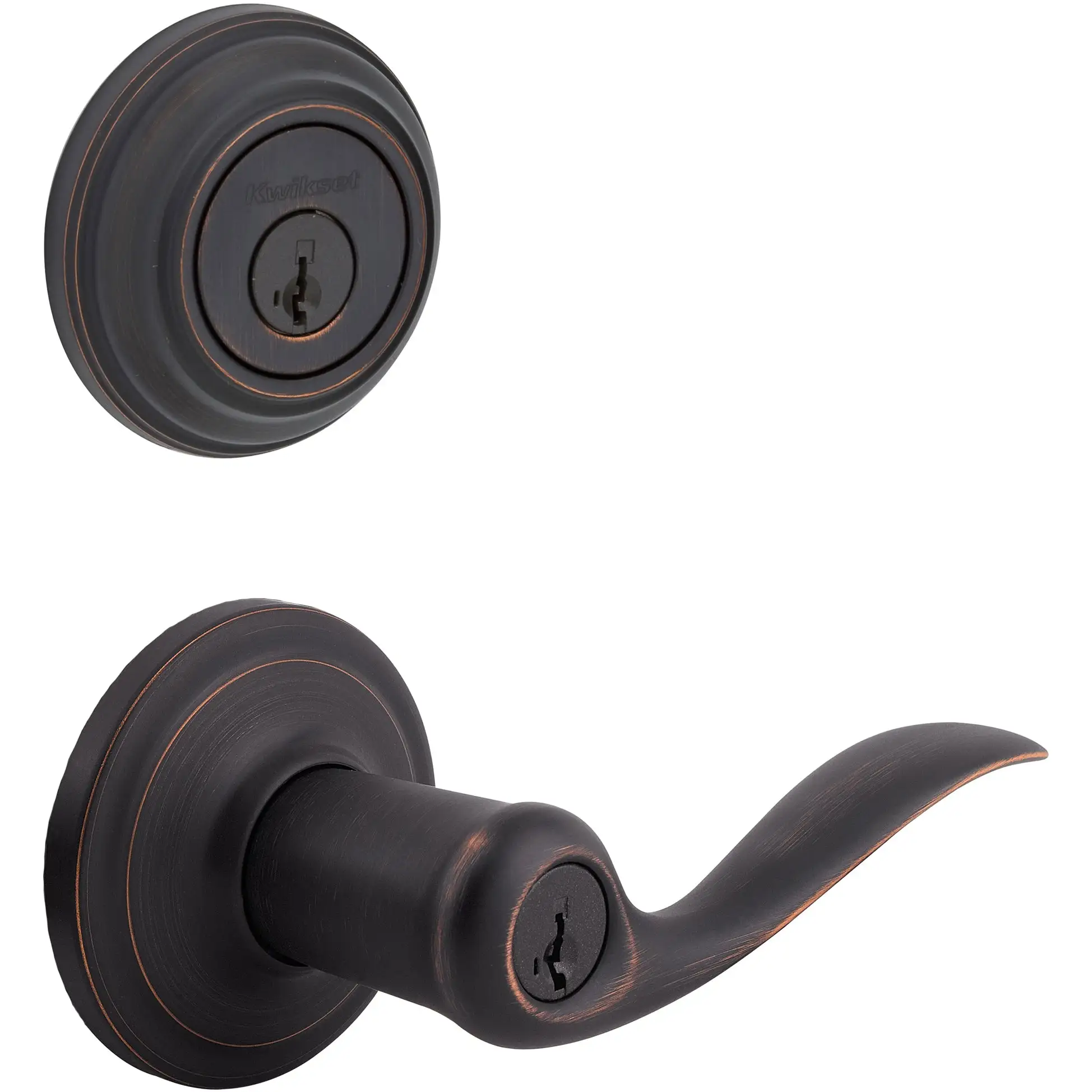 Kwikset SmartKey Tustin Venetian Bronze Entry Lever and Deadbolt Set KW1 1-3/4 .