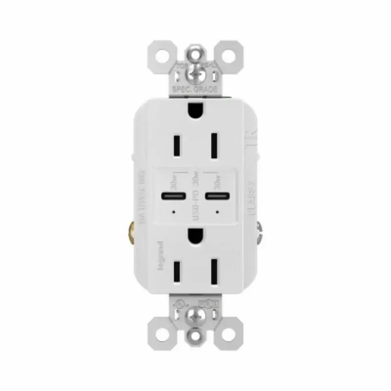 Legrand radiant Series R26USBPDWCC6 Outlet, 2-Pole, 15 , 125 V, 2-USB Port, USB TYPE-C USB, NEMA: NEMA 5-15R