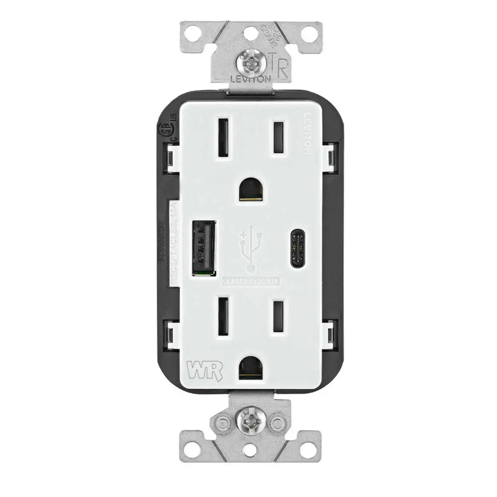 Weather/Tamper Resistant Combo Decora Outlet Type- and Type-C USB Chargers, Chalk | TR | WR |