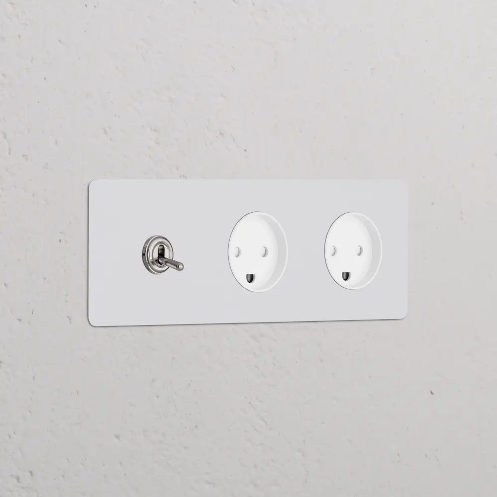 Kew Trinity Toggle & 2x Danish Type K Socket - Paintable Polished Nickel | White