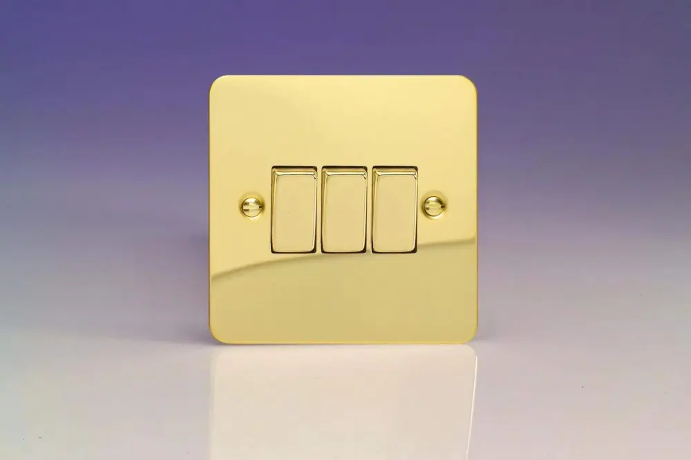 Varilight Ultra Flat Plate Reflective Brass 3 Gang Light Switch XFV3D