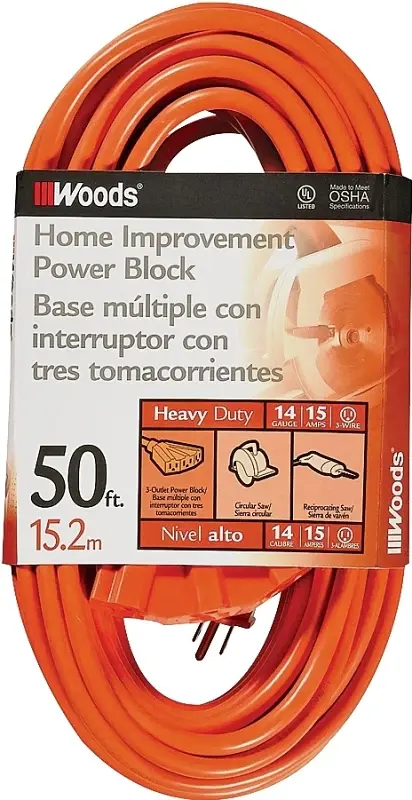 CCI 0826 Extension Cord, 14 AWG Cable, 50 ft L, 15 , 125 V, Amber