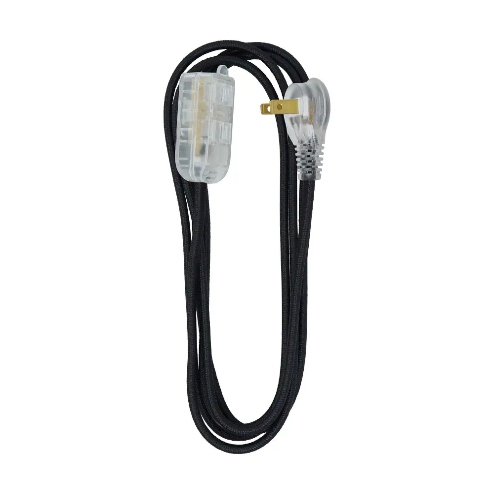 Indoor/Outdoor 16/2 Fabric Cord Extension 8' 3-Outlet, Jet-black