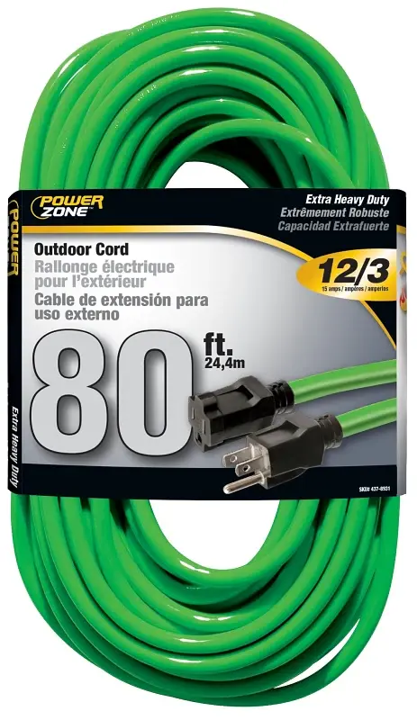 PowerZone ORN512833 Extension Cord, 12 AWG Cable, 80 ft L, 15 , 125 V, Neon Mint