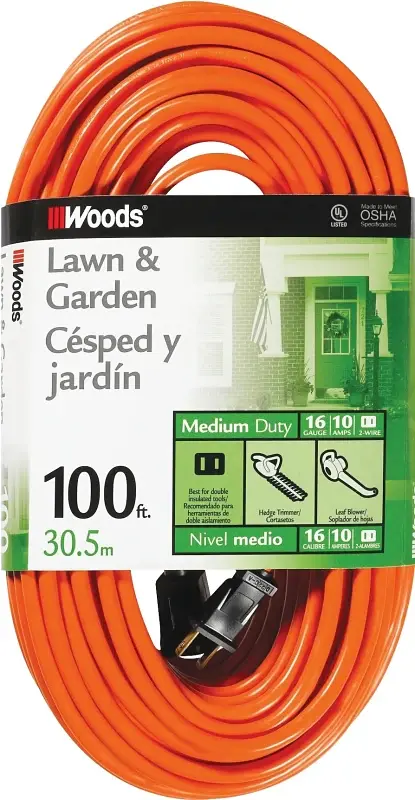 Right Angle Woods 0724 Extension Cord, 16 AWG Cable, 100 ft L, 10 , 125 VAC, Amber