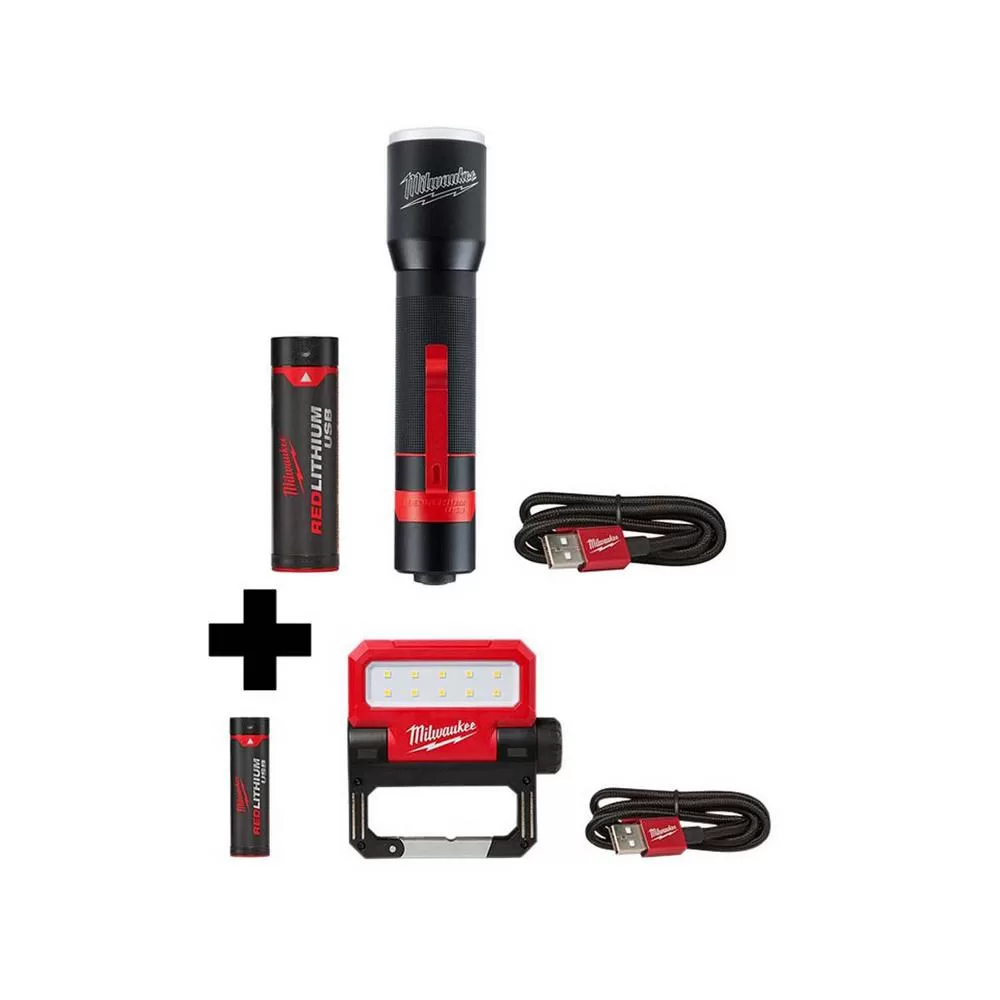 Milwaukee 700 Lumens LED Rechargeable Aluminum Flashlight and 550 Lumens Pivoting Flood Light 2-Pack