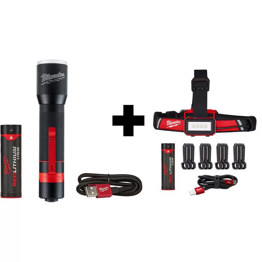 Milwaukee 700 Lumens LED Rechargeable Aluminum Flashlight & 600 Lumens LED USB Rechargeable Hard Hat Headlamp 2-Pack