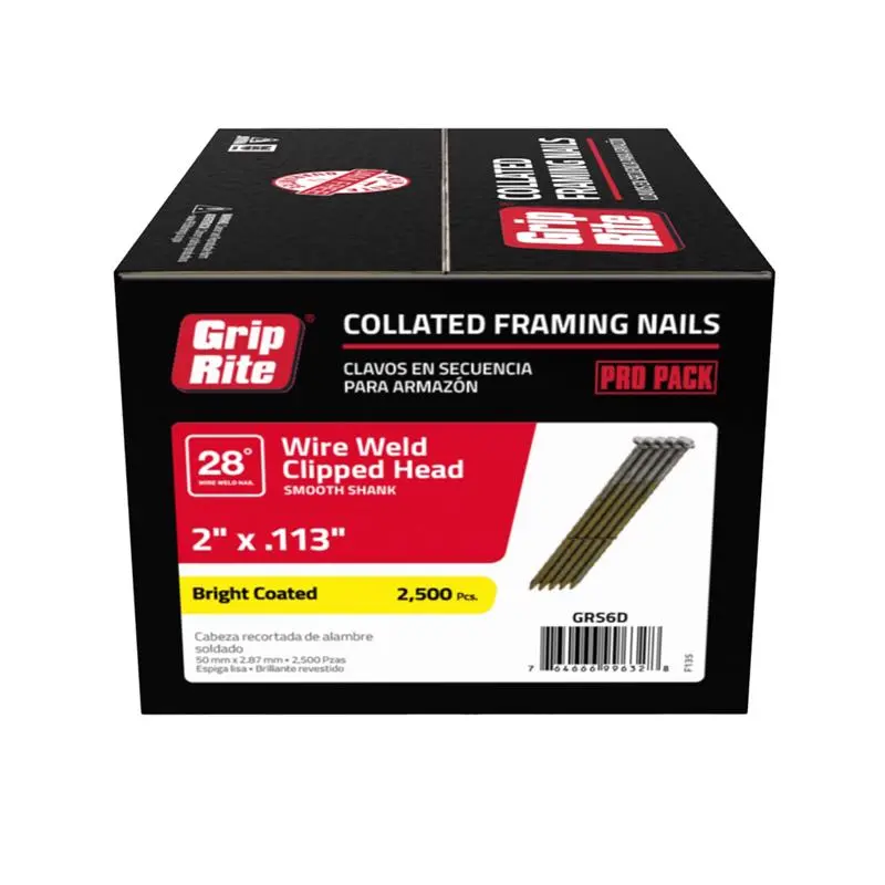 Grip-Rite 2 . L X 11-1/2 Ga. Angled Strip Bright Framing Nails 28 deg 2500 pk