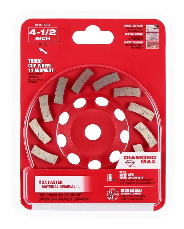 Milwaukee DIAMOND MAX 49-93-7784 Turbo Cup Wheel, 4-1/2 Dia, 1 Dense, 5/8-11 Arbor, Diamond Abrasive